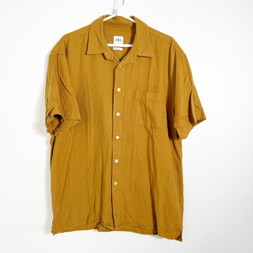 Zara Button Down Shirt Men XL Yellow Cotton Linen Blend Relaxed Fit Short Sleeve